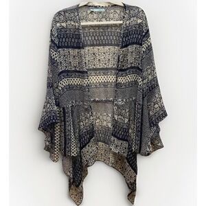 Maurices Open Front Chiffon Kimono Duster Cardigan Sz L Bell Sleeve Navy Tan